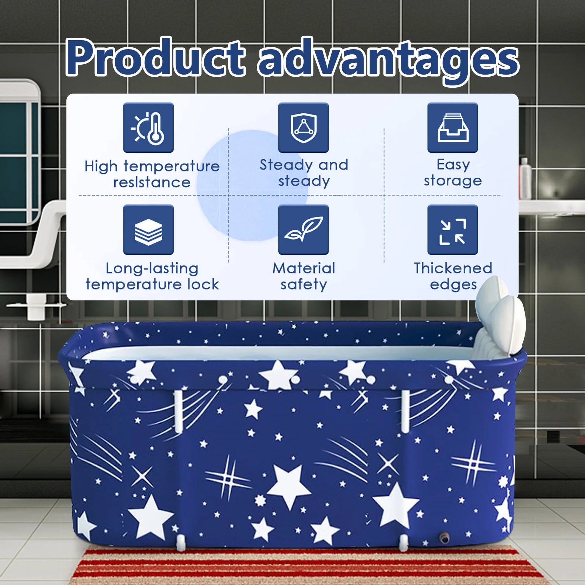 47In Large Portable Folding Bathtub, Hot & Cold Soaking Bath Tub, Starry Blue()