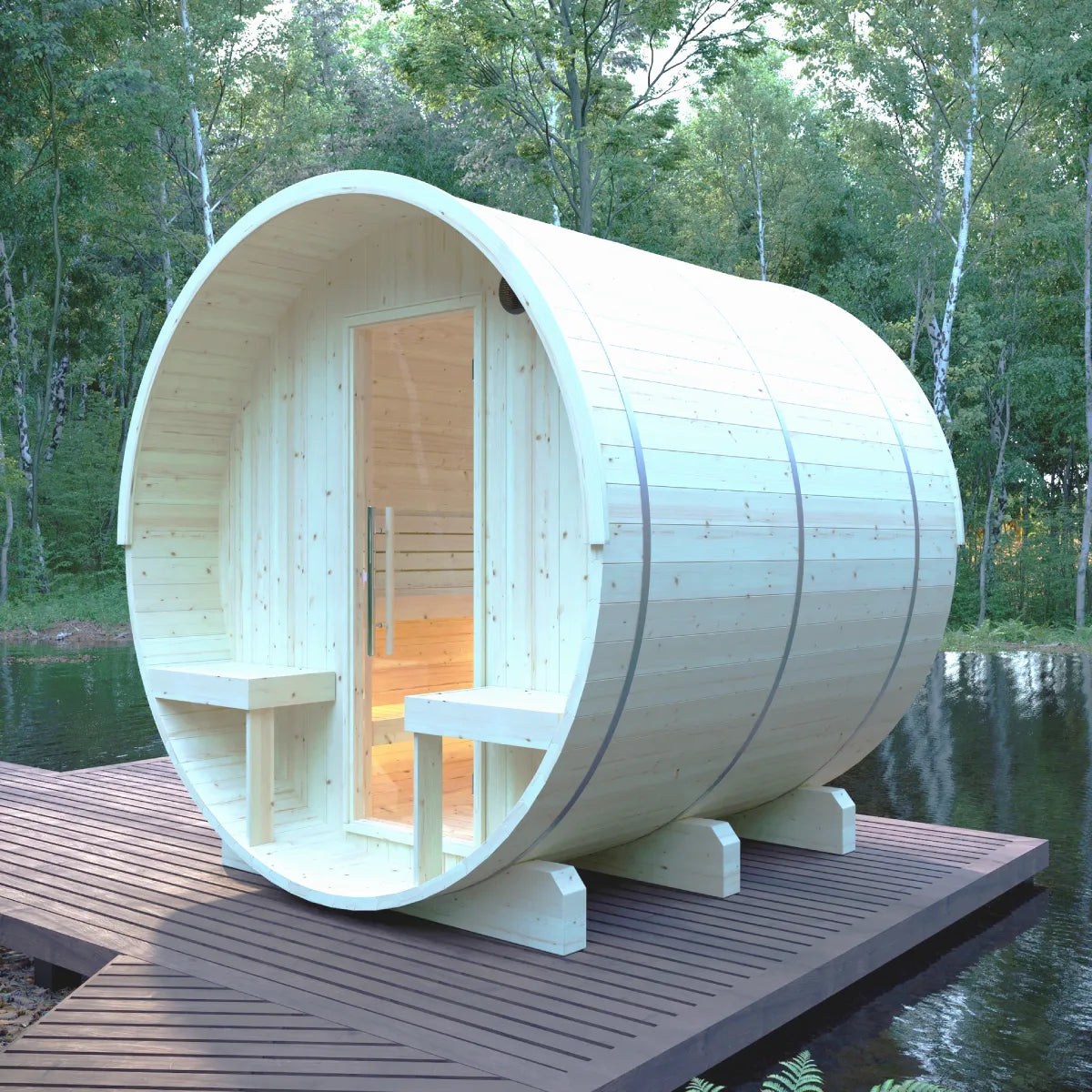 Finnish Sauna Builders Helsinki | 4-Person Outdoor Barrel Sauna with Terrace | 8KW WiFi Heater