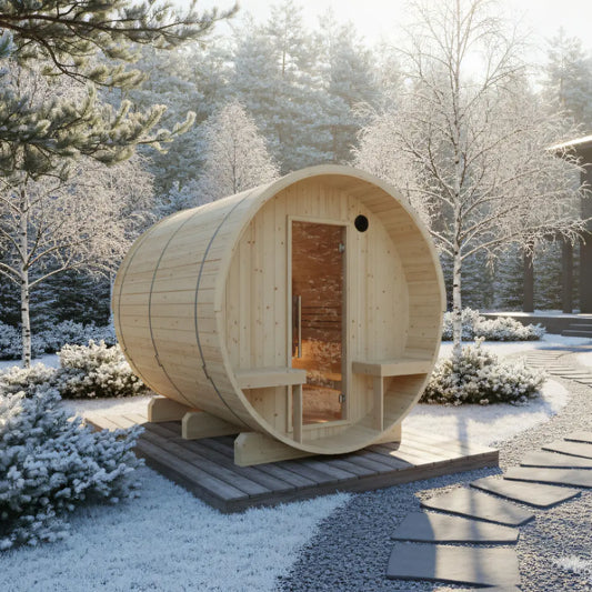 Finnish Sauna Builders Turku | 6-Person Outdoor Barrel Sauna with Terrace | 8KW WiFi Heater