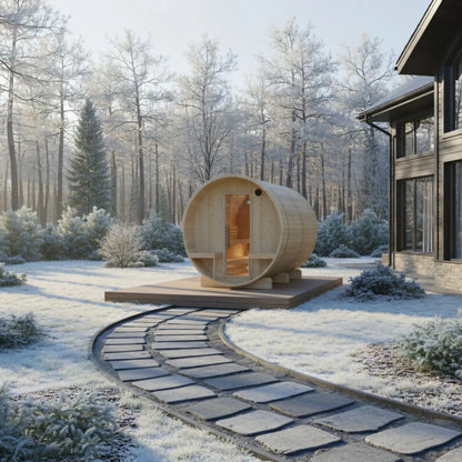 Finnish Sauna Builders Turku | 6-Person Outdoor Barrel Sauna with Terrace | 8KW WiFi Heater