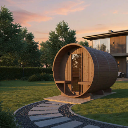 Finnish Sauna Builders Turku | 6-Person Outdoor Barrel Sauna with Terrace | 8KW WiFi Heater