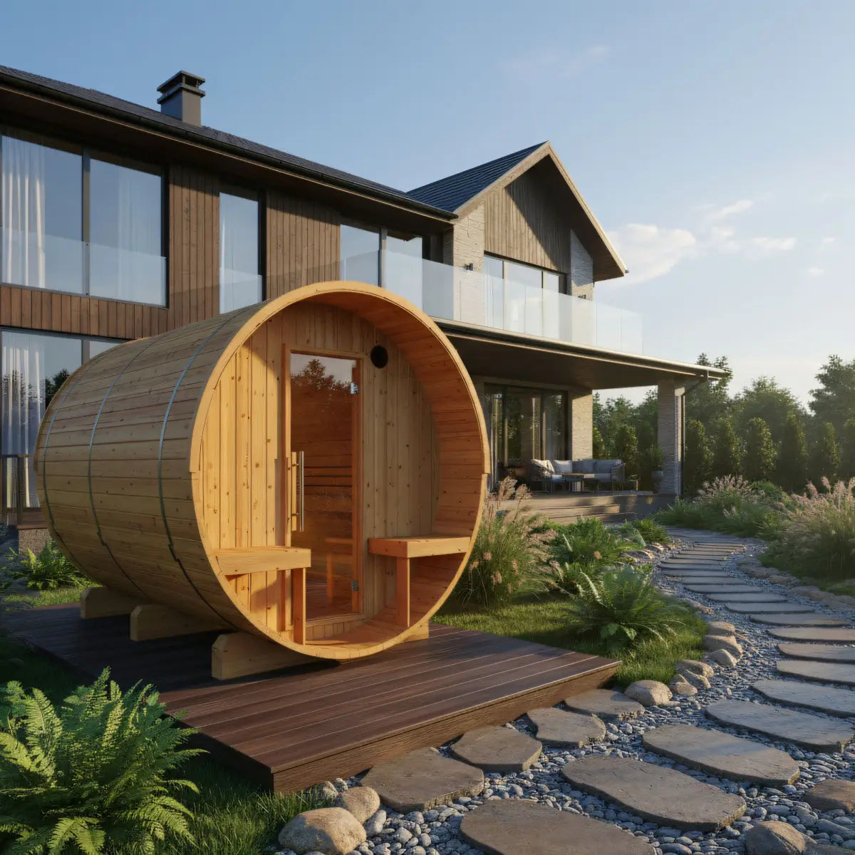 Finnish Sauna Builders Turku | 6-Person Outdoor Barrel Sauna with Terrace | 8KW WiFi Heater