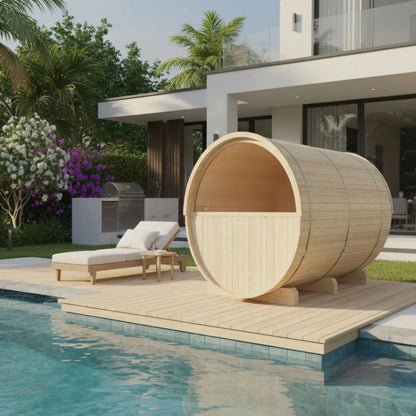 Finnish Sauna Builders Turku | 6-Person Outdoor Barrel Sauna with Terrace | 8KW WiFi Heater