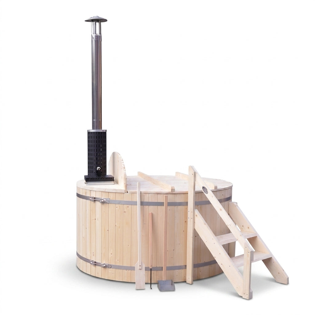 Wood Fired 4-Person to 5-Person 0-Jet Hot Tub and Ice Bath with Internal Stove Pine — Studio Shot