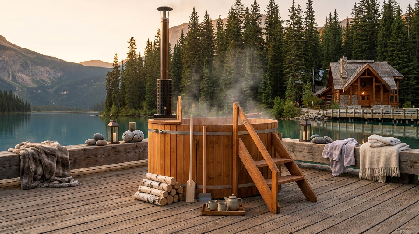 Wood Fired 4-Person to 5-Person 0-Jet Hot Tub and Ice Bath with Internal Stove Pine — Lifestyle